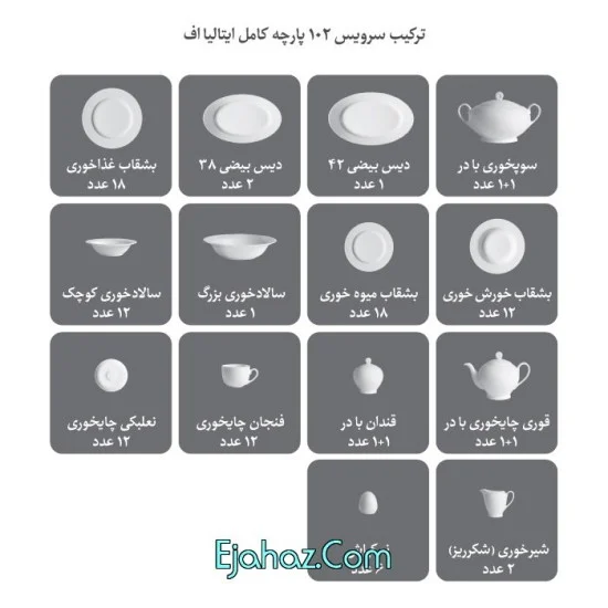 غذاخوری چینی زرین ایران  پیکره ایتالیا اف سرویس چینی 102 پارچه کامل سیلور لاینر 12 نفره درجه  یک