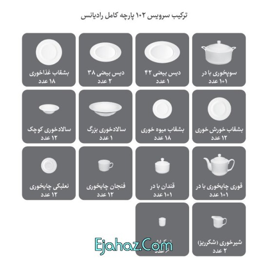 غذاخوری چینی زرین ایران پیکره رادیانس سرویس چینی 102 پارچه کامل رز دایموند 12 نفره درجه عالی غذاخوری چینی زرین ایران پیکره رادیانس سرویس چینی 102 پارچه کامل رز دایموند 12 نفره درجه عالی