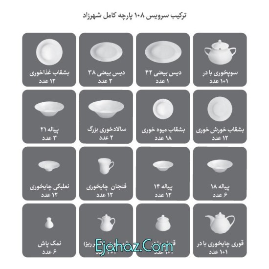 غذاخوری چینی زرین ایران پیکره شهرزاد سرویس چینی 108 پارچه کامل جنوا 12 نفره درجه یک غذاخوری چینی زرین ایران پیکره شهرزاد سرویس چینی 108 پارچه کامل جنوا 12 نفره درجه یک