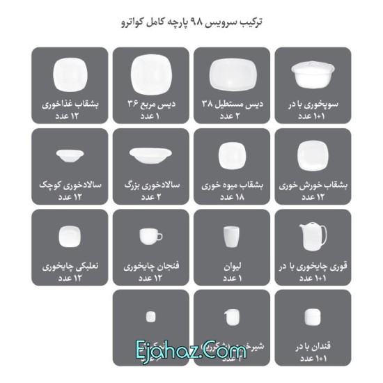غذاخوری چینی زرین ایران پیکره کواترو سرویس چینی 98 پارچه کامل زرین 12 نفره درجه عالی غذاخوری چینی زرین ایران پیکره کواترو سرویس چینی 98 پارچه کامل زرین 12 نفره درجه عالی