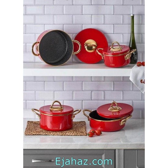 سرویس قابلمه گرانیتی 8 پارچه نوا قرمز طلایی