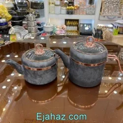 کتری قوری بریونی طرح چرم طوسی مسی