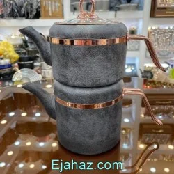 کتری قوری بریونی طرح چرم طوسی مسی