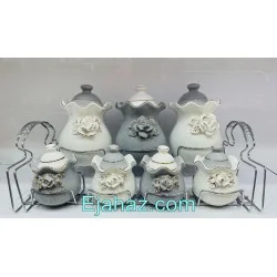 پاسماوری سرامیکی تانگو گل برجسته سفید طوسی لب طلا 7 پارچه