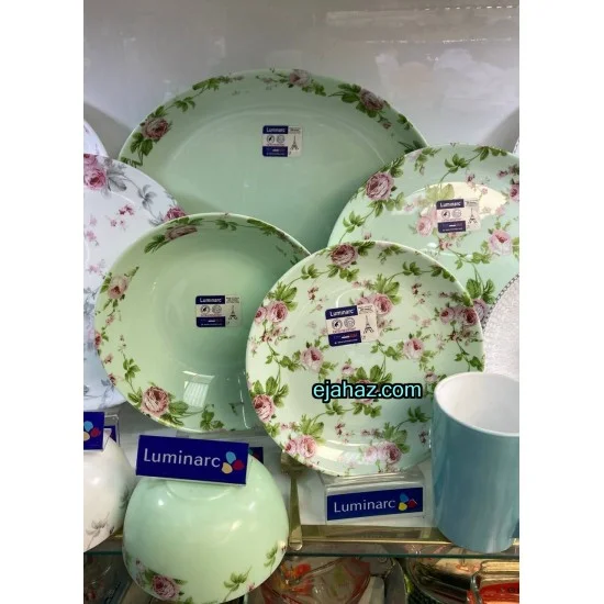 سرویس لومینارک دیوالی سبز 26 پارچه فرانسه گل صورتی سبز