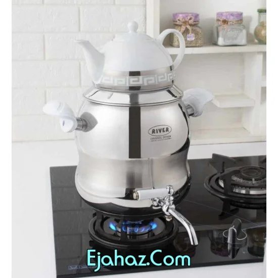 کتری قوری استیل ریور شیردار 6 لیتر کمرباریک دسته سفید