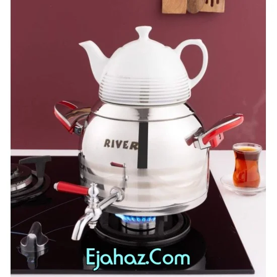 کتری قوری استیل ریور شیردار 5.5 لیتر سه خط دسته قرمز