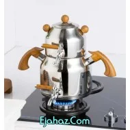 کتری قوری استیل ریور شیردار 3 لیتر دسته سفید طرح چوب