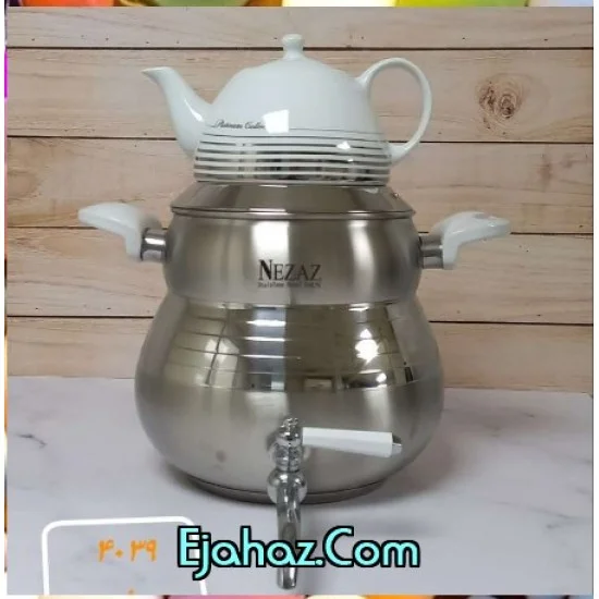 ست کتری و قوری استیل شیردار نزاز 6 لیتر دسته سفید