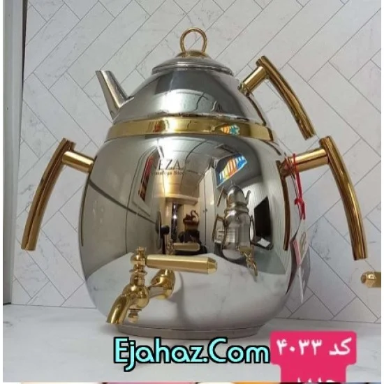 کتری قوری استیل نزاز شیردار 6 لیتر دسته طلایی