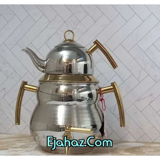 کتری قوری استیل نزاز شیردار 6 لیتر دسته طلا کمرباریک