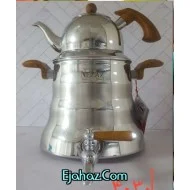 کتری قوری استیل نزاز شیردار 6 لیتر دسته طرح چوبی هرمی