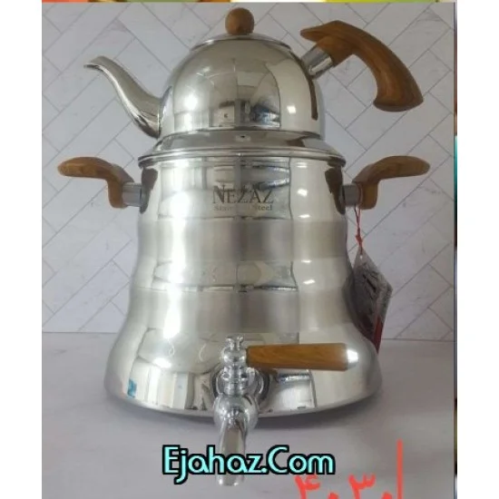 کتری قوری استیل نزاز شیردار 6 لیتر دسته طرح چوبی هرمی