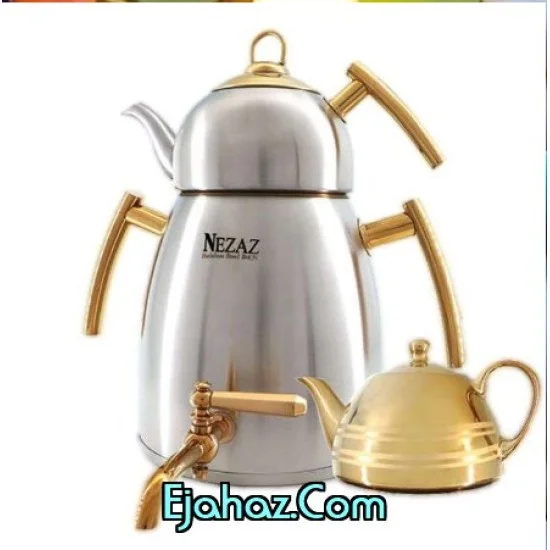 کتری قوری استیل نزاز شیردار 6 لیتر دسته طلا پنگوئن