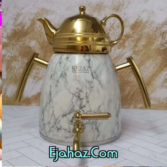 کتری قوری استیل نزاز شیردار 6 لیتر طرح سنگ دسته طلا