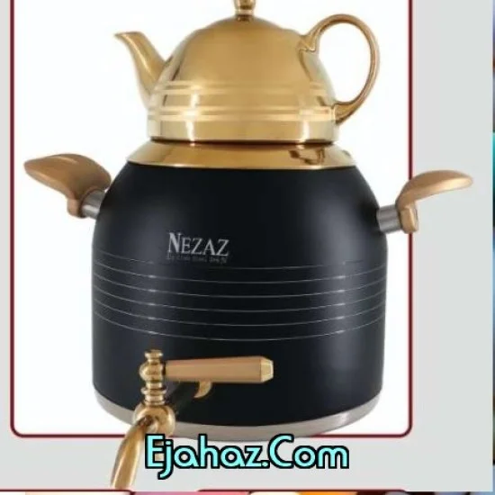 کتری قوری استیل نزاز شیردار 5 لیتر طرح ترک مشکی دسته طلایی