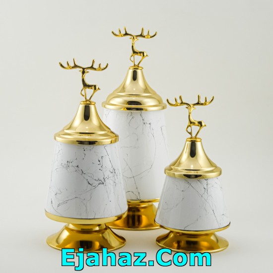 کندی پذیرایی گوزن سه سایز هرمی سفید طلایی طرح سنگ کندی پذیرایی گوزن سه سایز هرمی سفید طلایی طرح سنگ