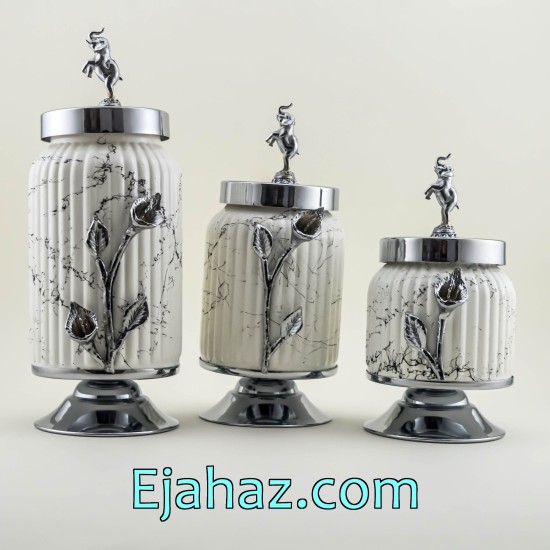 ست کندی سه سایز شیاردار سفید ماربل سیلور ست کندی سه سایز شیاردار سفید ماربل سیلور