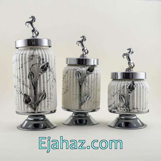 ست کندی سه سایز شیاردار سفید ماربل سیلور ست کندی سه سایز شیاردار سفید ماربل سیلور