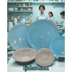 سرویس غذاخوری 25 پارچه ظروف شیشه ای گرد طرح آبی آسمانی آرکوفام