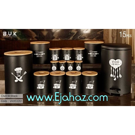 سرویس آشپزخانه 15 پارچه بی وی کی ویراکیش فلزی درب چوبی حبوبات (b.v.k) طرح چف مشکی سرویس آشپزخانه 15 پارچه بی وی کی ویراکیش فلزی درب چوبی حبوبات (b.v.k) طرح چف مشکی