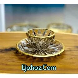 پیاله و پیش دستی بلور مودنا شامپاینی لب طلا اکلیل