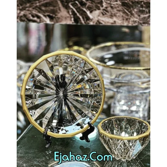 پیاله و پیش دستی بلور مودنا شامپاینی لب طلا اکلیل