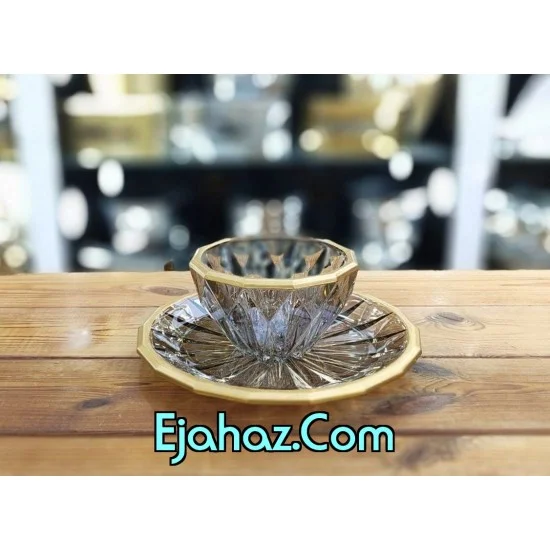 پیاله و پیش دستی بلور مودنا شامپاینی لب طلا اکلیل