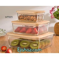 ست سه تایی ظرف بلور درب چوبی مستطیل لیمون